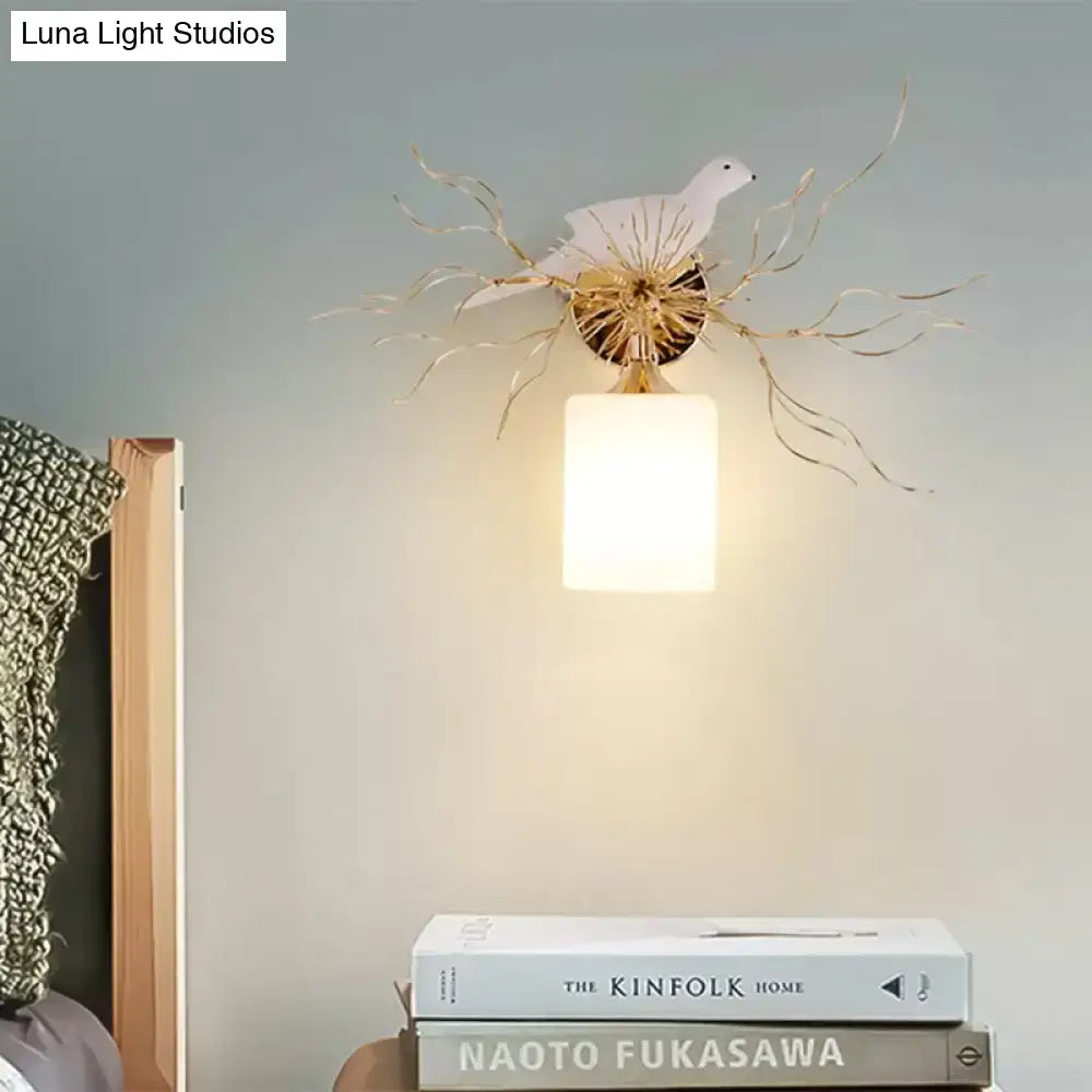 Gold-toned white glass bird wall lamp with led frosted shade suitable for 220v-240v and 110v-120v use in bedroom