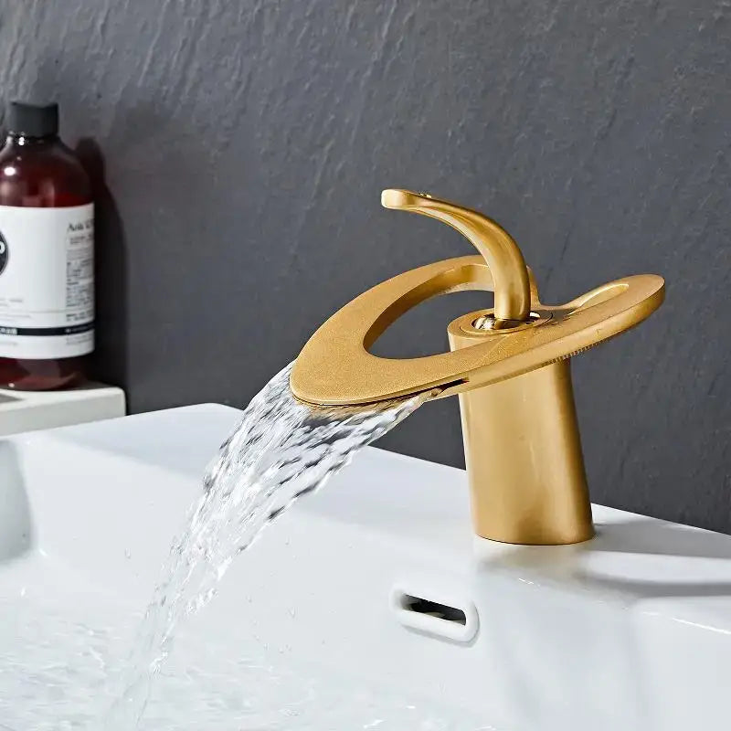 White and gold heart waterfall basin faucet with gold-colored brushed metallic finish for bathroom sink decorbites golden white