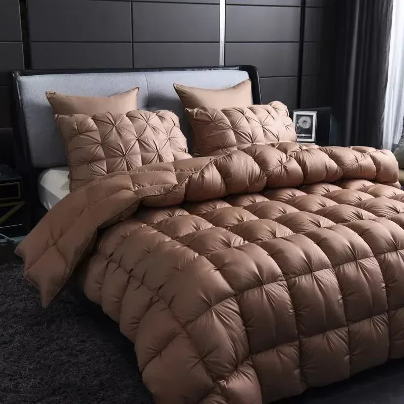Warm winter white goose down comforter with plush brown quilted diamond stitch for double duvet use