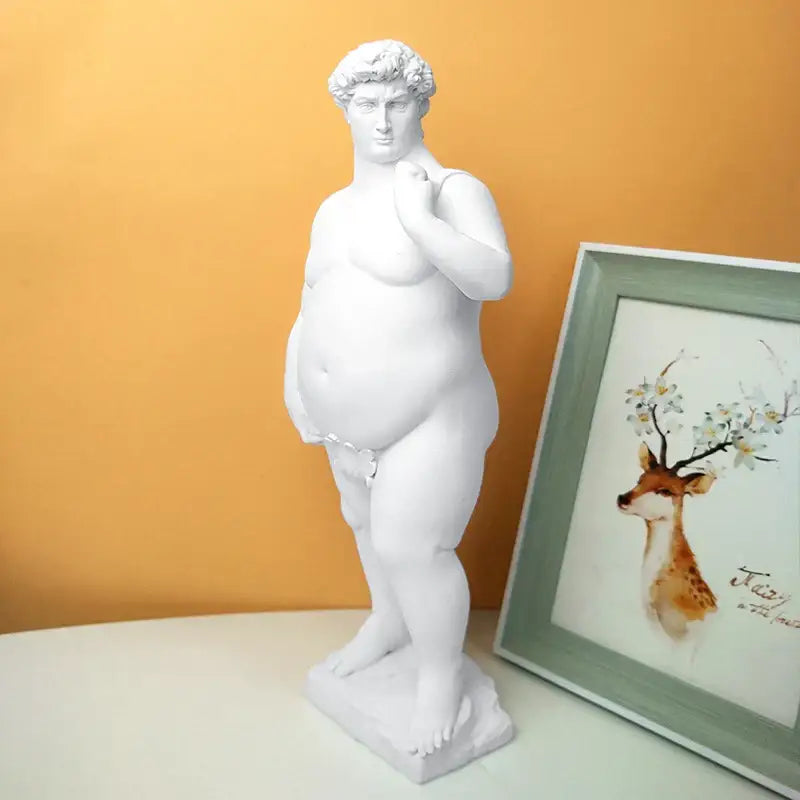 White hercules abstract human body resin statue featuring a plump michelangelo-inspired david for living room decorbites decor