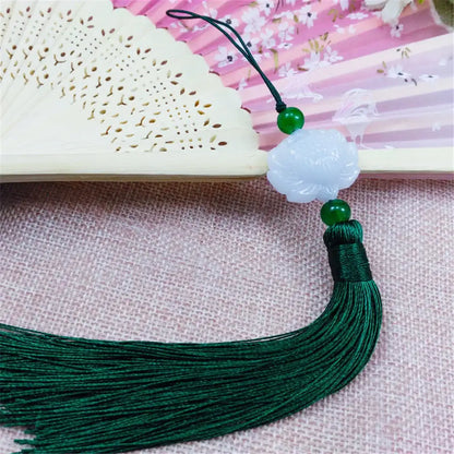 White jade lotus pendant with emerald green beads and dark green silk tassel for living room decor
