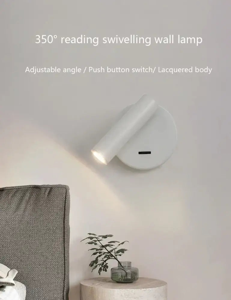 White lacquered swivelling bedroom wall lamp with 350° adjustable angle and push button switch wall lamp surface