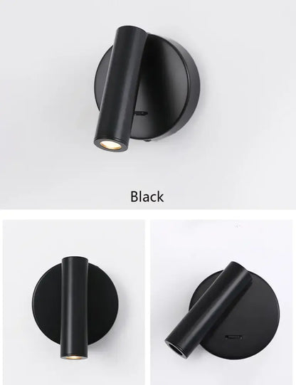 Black matte wall lamp with cylindrical head and circular base for bedroom wall lamp surface with push button switch
