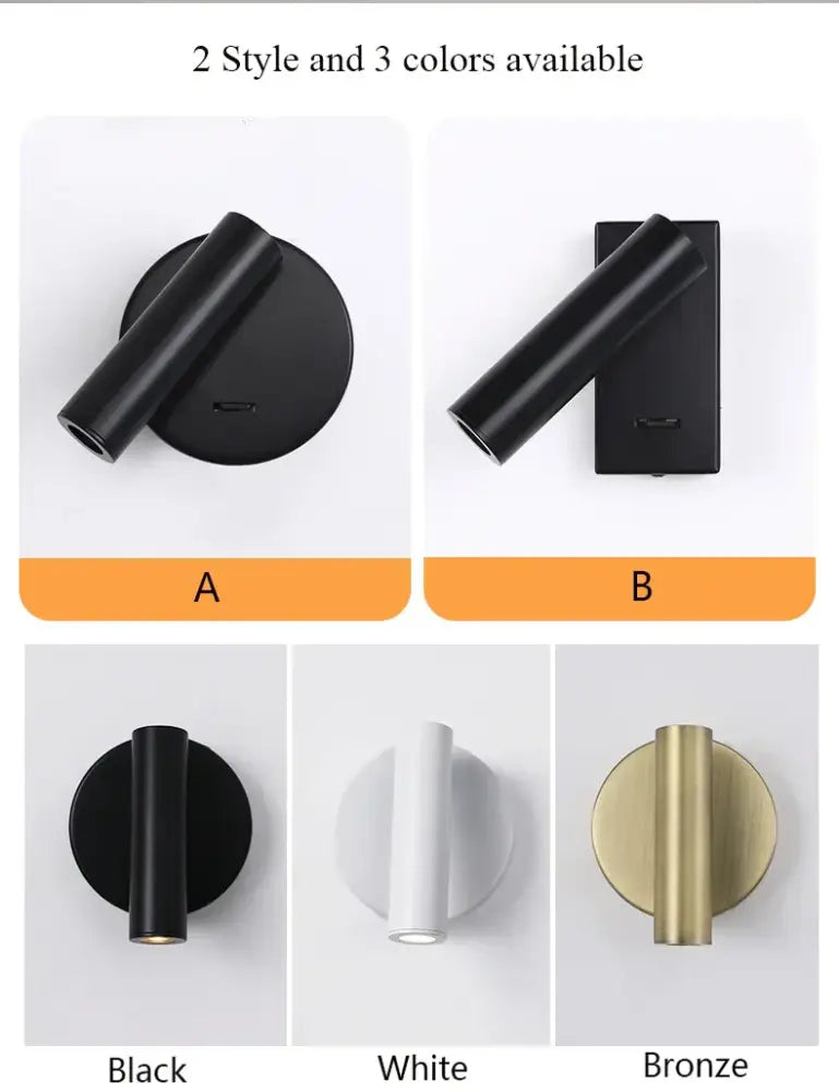 White lacquered swivelling bedroom wall lamp with push button switch and sleek cylindrical head for wall lamp surface