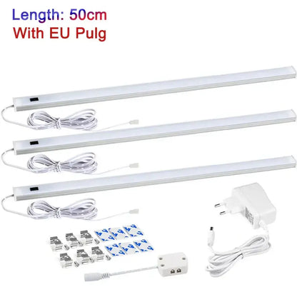 Three white led motion sensor cabinet lights 50cm with eu plug and mounting hardware for kitchen under counter use