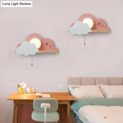 Pink and white macaron led cloud wall lamps with wooden bases and glowing light fixtures for children bedroom decor