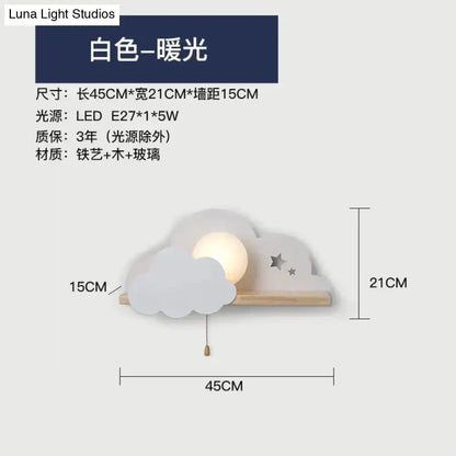 White macaron led cloud wall lamp for children bedroom with wooden base glass globe and star cutouts in nordic style