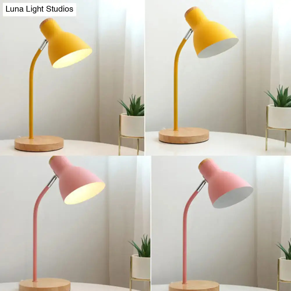 Yellow and pink macaron metal table light with wooden base and adjustable gooseneck for bedroom use