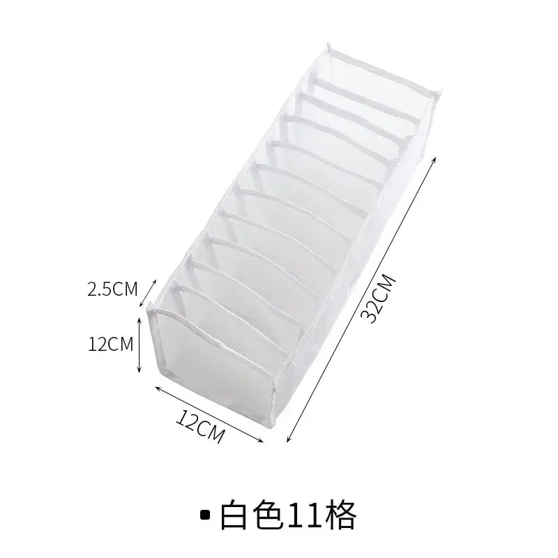 White translucent mesh fabric organizer box set with eleven compartments for bedroom wardrobe storage