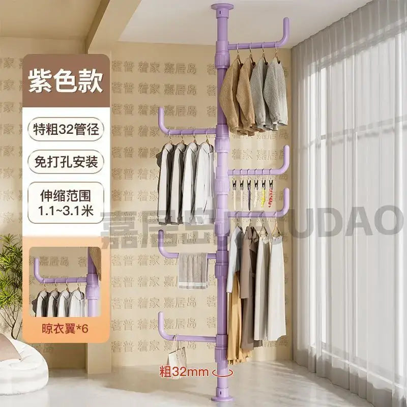 White multi tiered ladder clothing storage hanging rail in purple plastic with multiple levels and six built-in hangers coat rack decorbites clothing storage