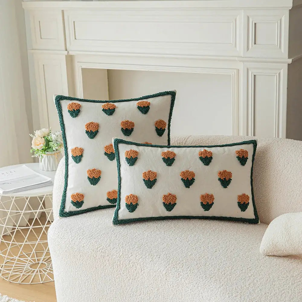 White rectangular pillow cover with green and orange plush cactus embroidery throw for living room decorbites decor