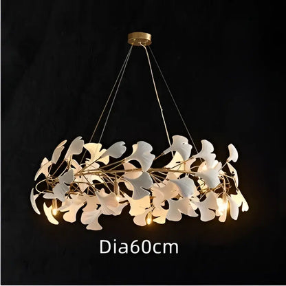 White orchid decorbites ginkgo chandelier with white ginkgo leaf shades in a circular ring for living room pendant light