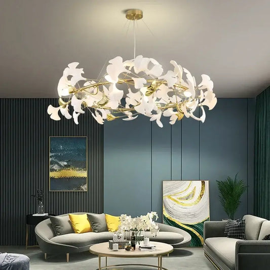 White orchid-shaped decorbites ginkgo chandelier with gold-toned metal framework for living room pendant light