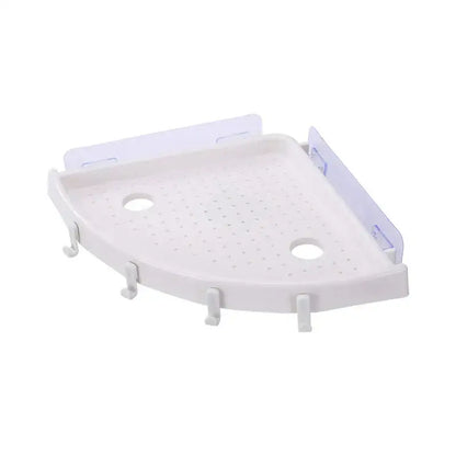 White plastic corner bathroom shelf organizer caddy with perforated surface and integrated hooks bathroom shelf organizer