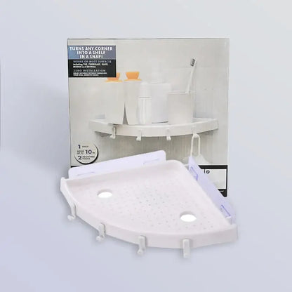White plastic corner bathroom shelf organizer caddy with adjustable hooks and a perforated surface bathroom shelf