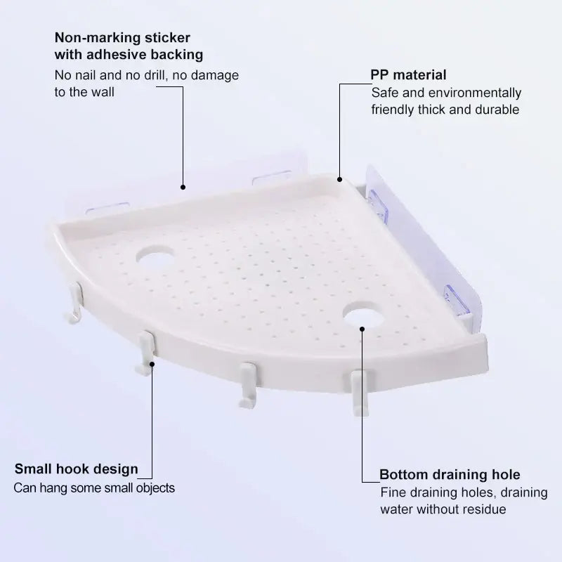 White plastic pp bathroom shelf organizer caddy with corner design small hooks and bottom draining holes