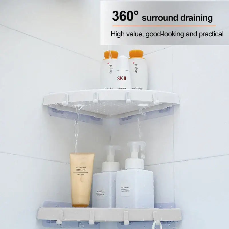 White plastic corner bathroom shelf organizer caddy with 360-degree drainage holes and hook attachments