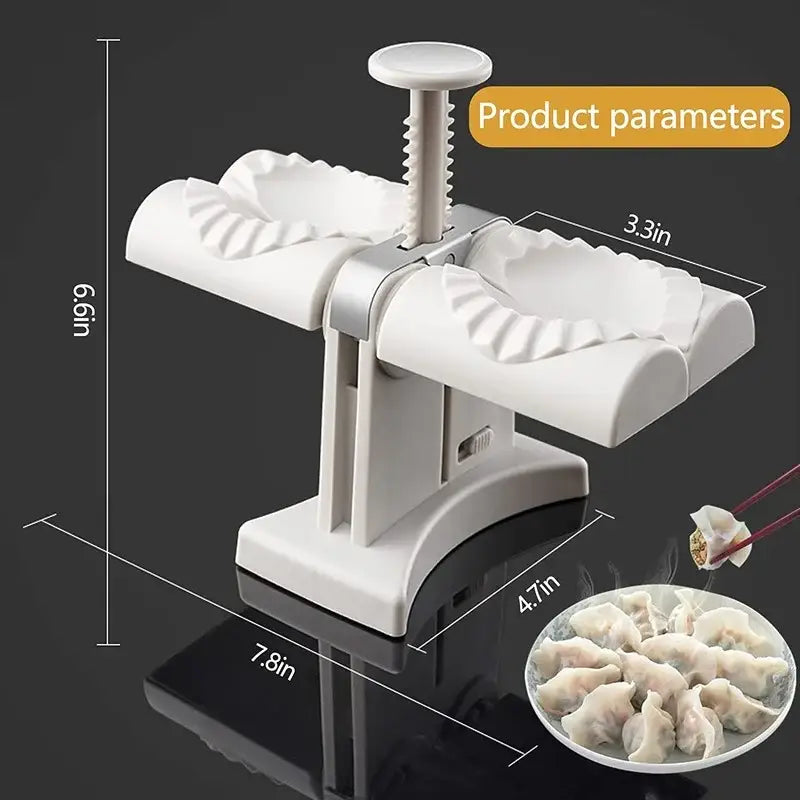 White plastic double head dumplings press and ravioli maker with central screw and two fluted molds for kitchen use