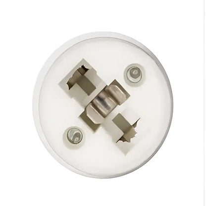 White plastic e14 to g9 converter splitter bulb socket showing white circular lamp socket with metallic contacts and screws