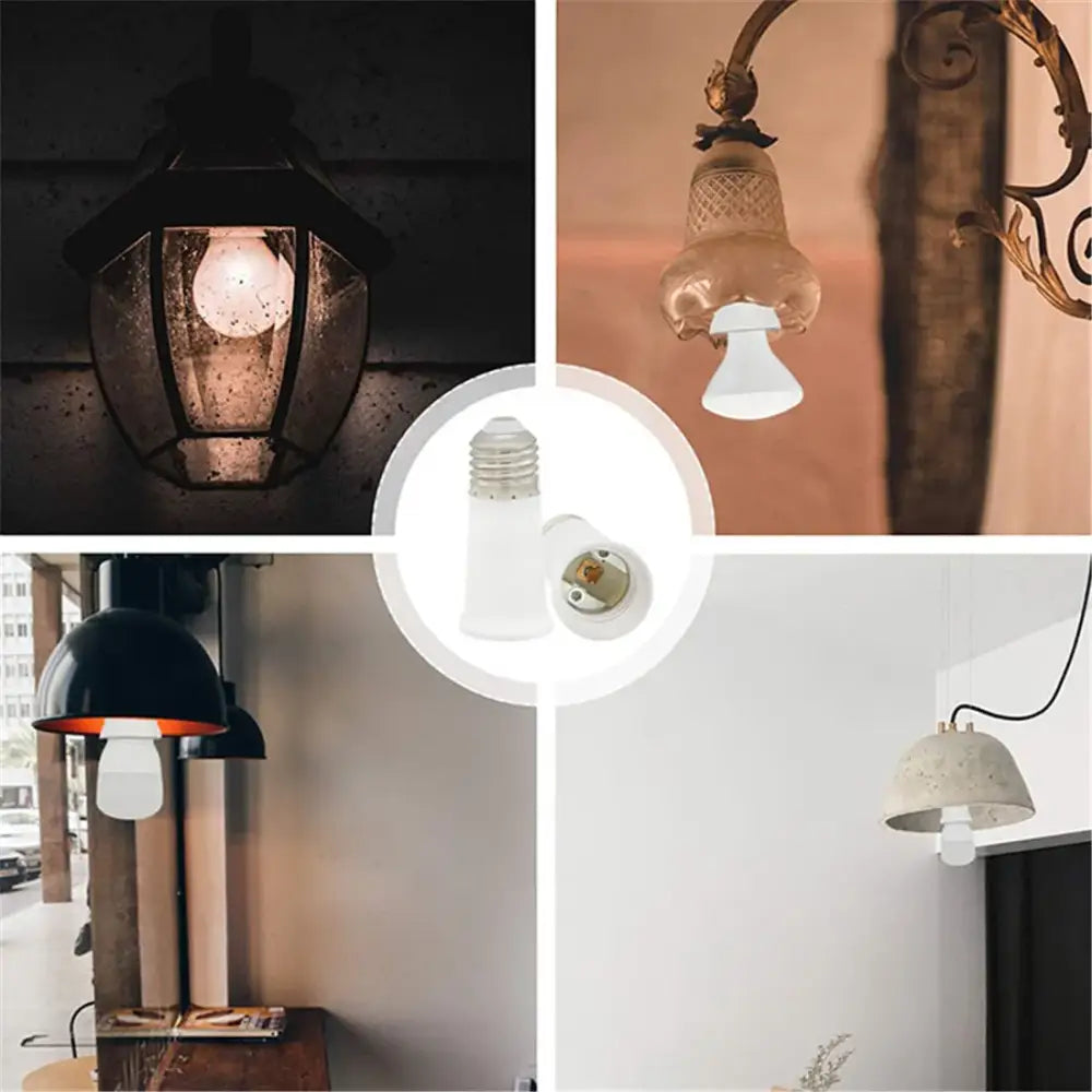 White plastic e27 socket extender lamp adapter with threaded metal base and internal brass contacts for kitchen light fitting