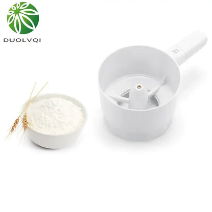 White plastic electric flour sifter shaker with handle and internal spinning mechanism for kitchen use