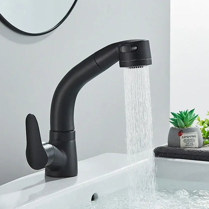 Black matte-finish kitchen sink faucet with sleek curved spout and integrated pull-down spray head for bathroom sink faucet use