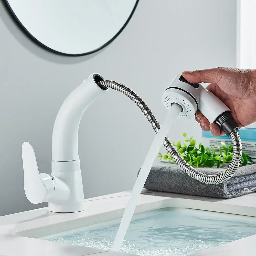 White plastic kitchen sink faucet with curved spout, flexible metal hose, and pull-out spray head for bathroom sink use