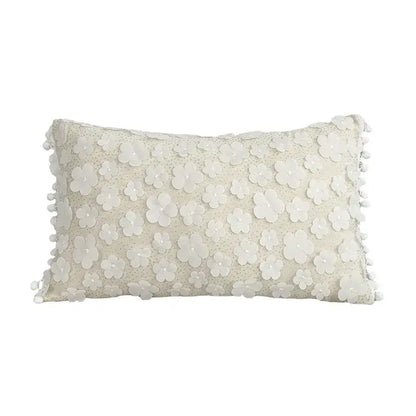 Cream-colored rectangular cushion cover with white floral appliqués and pom-poms for plum blossom butterfly decorbites 3d plum decor