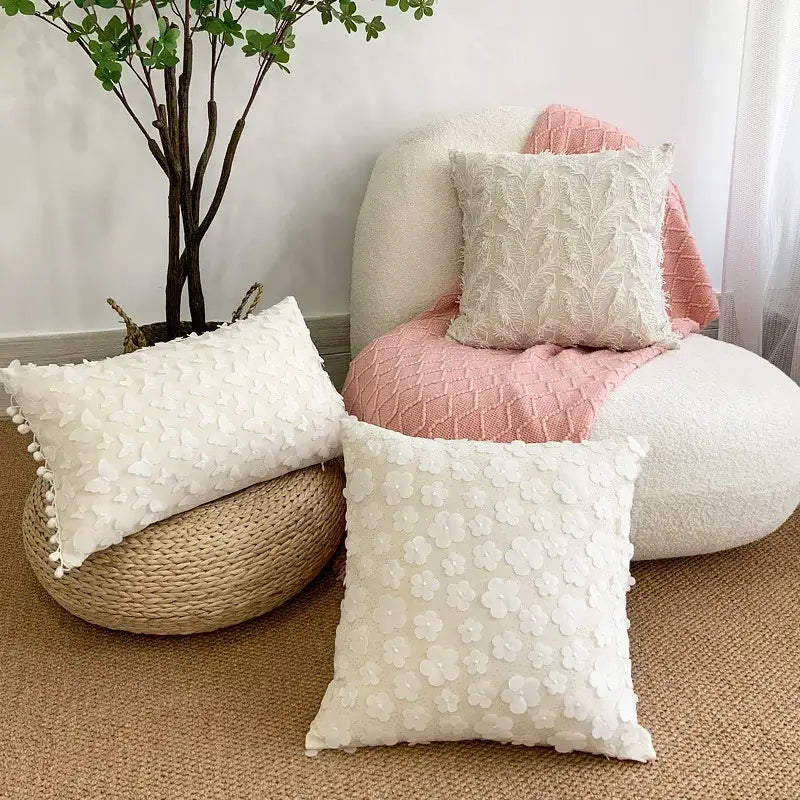 White decorative cushion cover with textured plum blossom butterfly appliqués and pom-pom trim for living room decorbites 3d plum