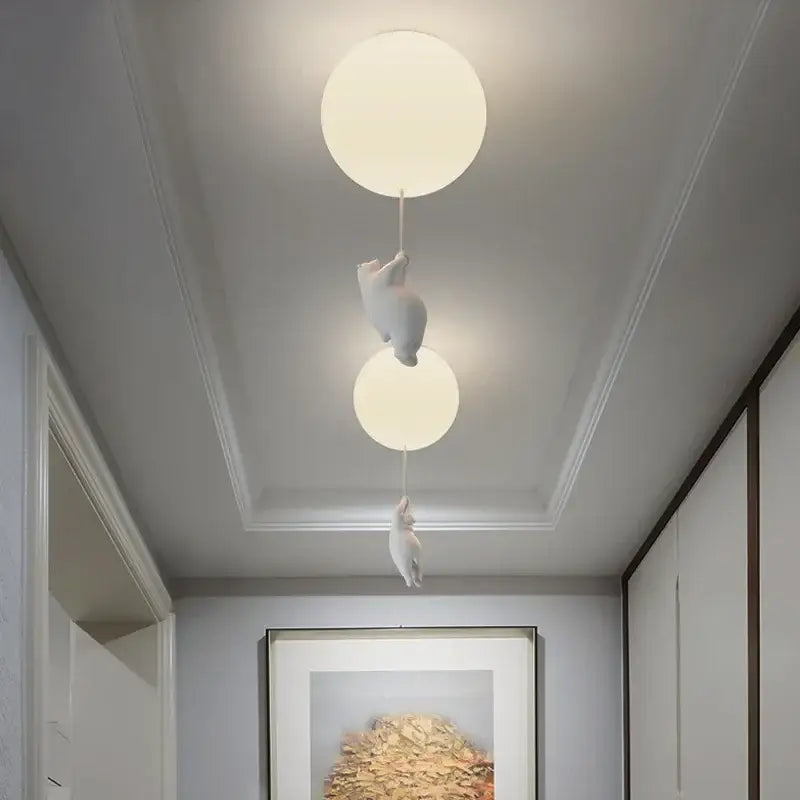 White polar bear ceramic pendant light with spherical bulbs and cord pendant for kids bedroom lighting