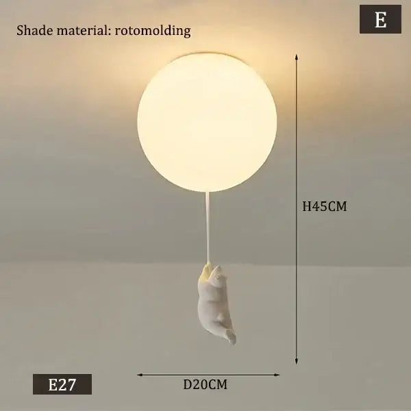 White polar bear ceramic pendant light with frosted rotomolded shade and dangling cat figurine cord pendant for kids bedroom