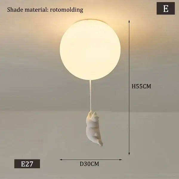 Minimalist white polar bear ceramic pendant light with frosted shade and white cat cord pendant for kids bedroom