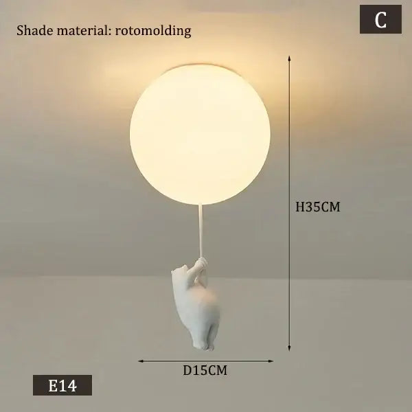 White polar bear ceramic pendant light with rotomolded shade held by bear for kids bedroom cord pendant light