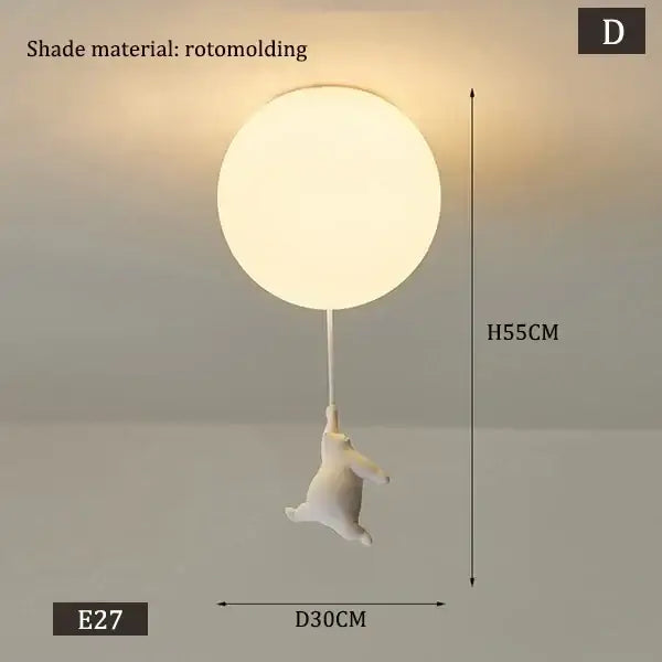 White polar bear ceramic pendant light with white rotomolded round shade and dangling bear cord pendant for kids bedroom