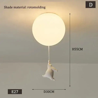 White polar bear ceramic pendant light with white rotomolded round shade and dangling bear cord pendant for kids bedroom