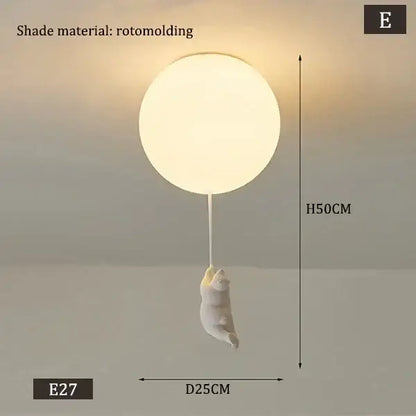 White polar bear ceramic pendant light with white rotomolded ceiling light and cat hanging from balloon shade