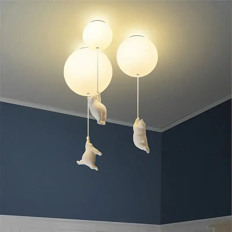 White polar bear ceramic pendant light with three spherical bulbs cord pendant for kids bedroom ceiling installation