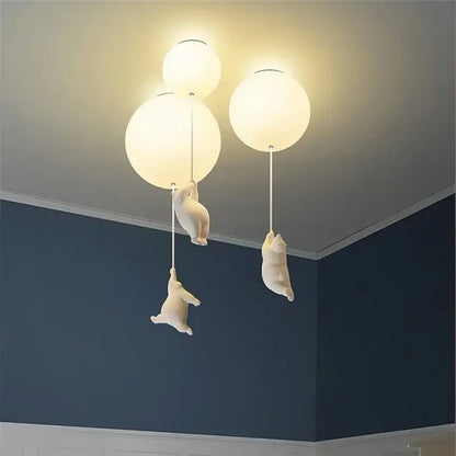 White polar bear ceramic pendant light with three spherical bulbs cord pendant for kids bedroom ceiling installation