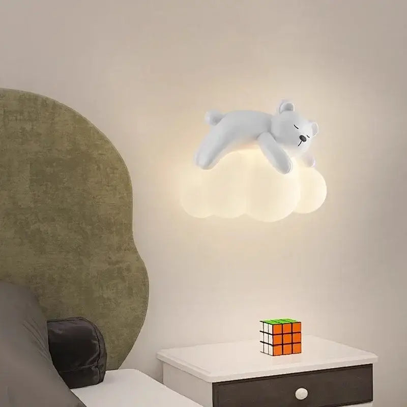 White plush bear led wall lamp with soft glowing cloud base for childrens bedroom warm ambient light