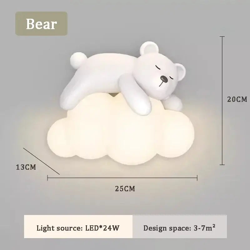 White plush bear led wall lamp resting on a cloud base providing warm light for childrens bedroom