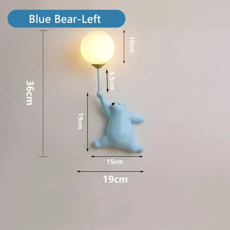 Light blue polar bear night light with round warm bulb held aloft by raised paw for kids bedroom moon lamp