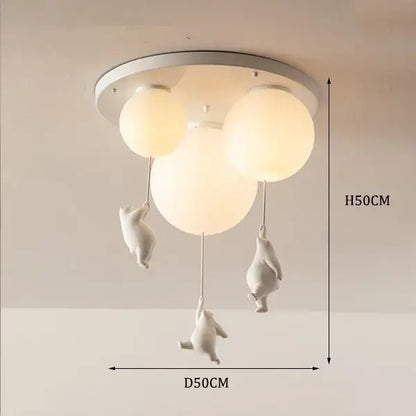 White polar bear resin pendant light with three spherical glass shades for childrens room ceiling pendant light