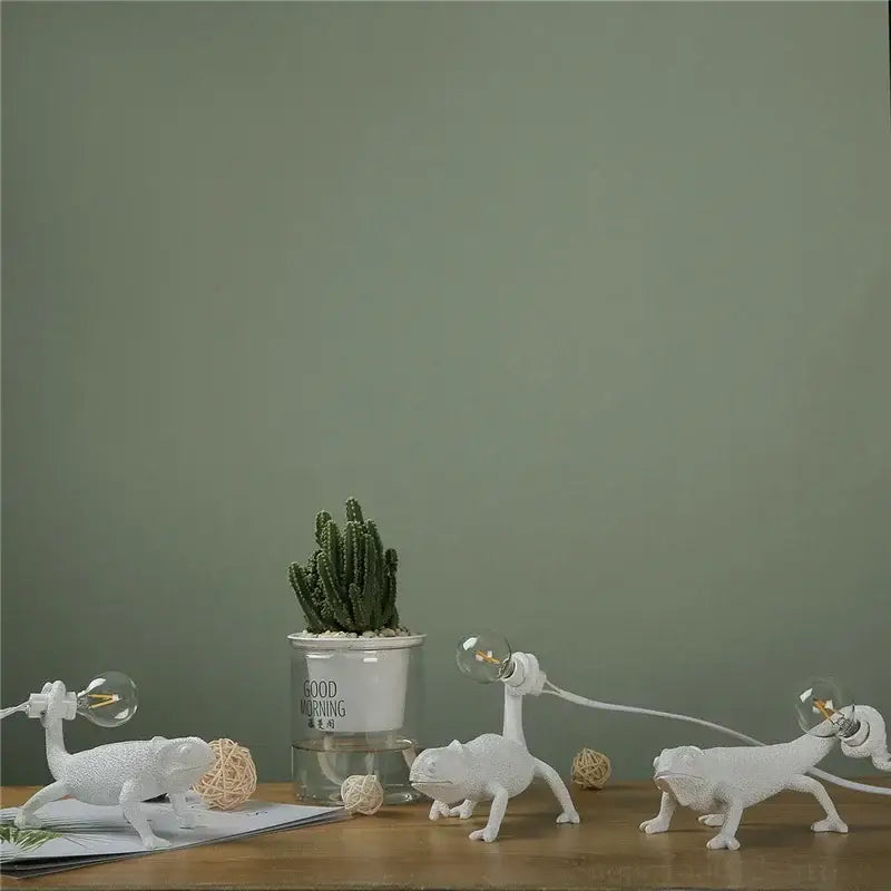 White resin chameleon night light desk lamps with textured surfaces and clear glass bulbs for decorbites chameleon night