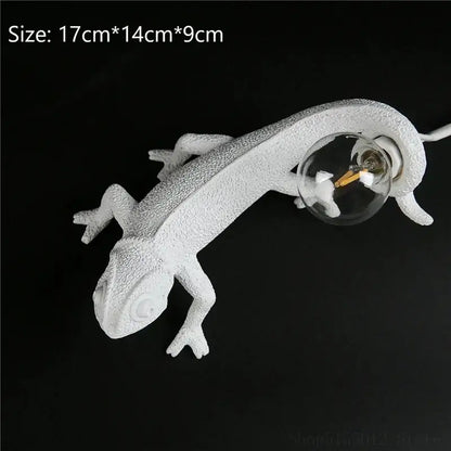 White resin chameleon night light with textured scaly surface and integrated glass bulb for bedroom reading decorbites chameleon