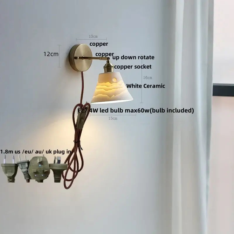 White ribbed ceramic led wall sconce with subtle sun design and copper fixture by decorbites ceramic led for bedroom decor