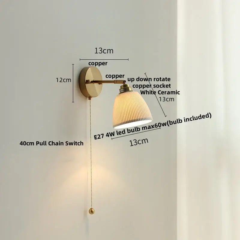 Copper-finished decorbites ceramic led wall sconce with white ribbed ceramic shade and up-down rotating socket for bedroom