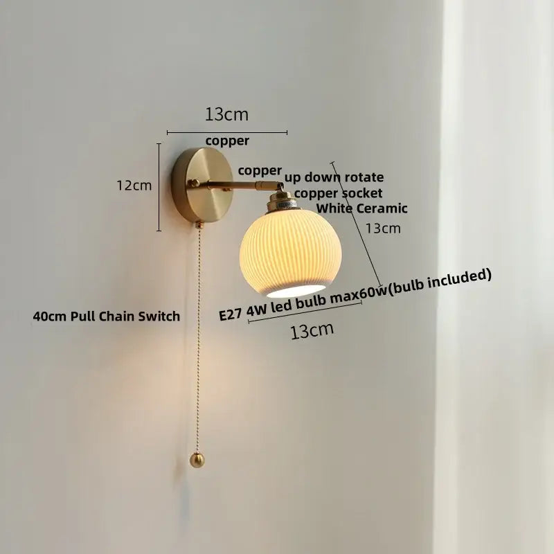Copper-finished led wall sconce with white ribbed ceramic led shade and e27 bulb for decorbites ceramic led lighting