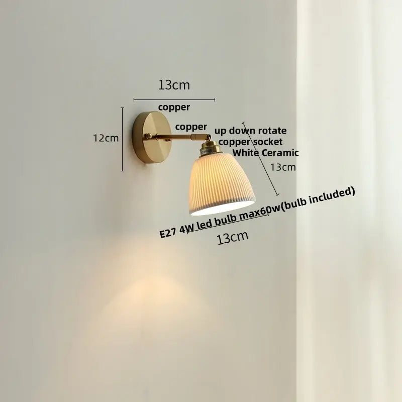 Copper-finished decorbites ceramic led wall sconce with white ribbed ceramic shade and pull chain for bedroom use