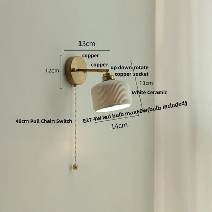 White ribbed ceramic led wall sconce with copper finish and e27 4w led bulb by decorbites ceramic led for bedroom decor