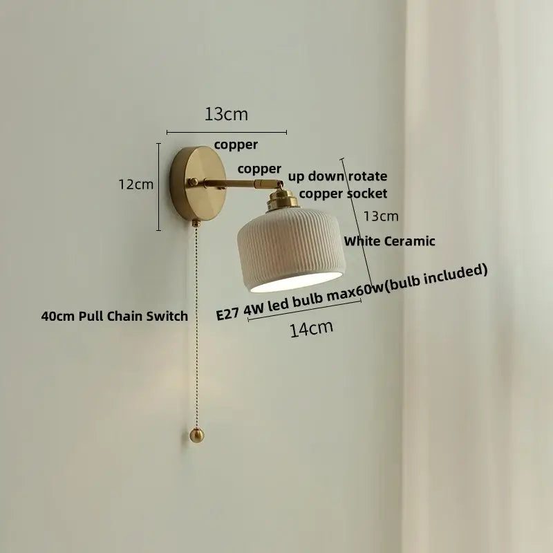 White ribbed ceramic led wall sconce with copper finish and e27 4w led bulb by decorbites ceramic led for bedroom decor